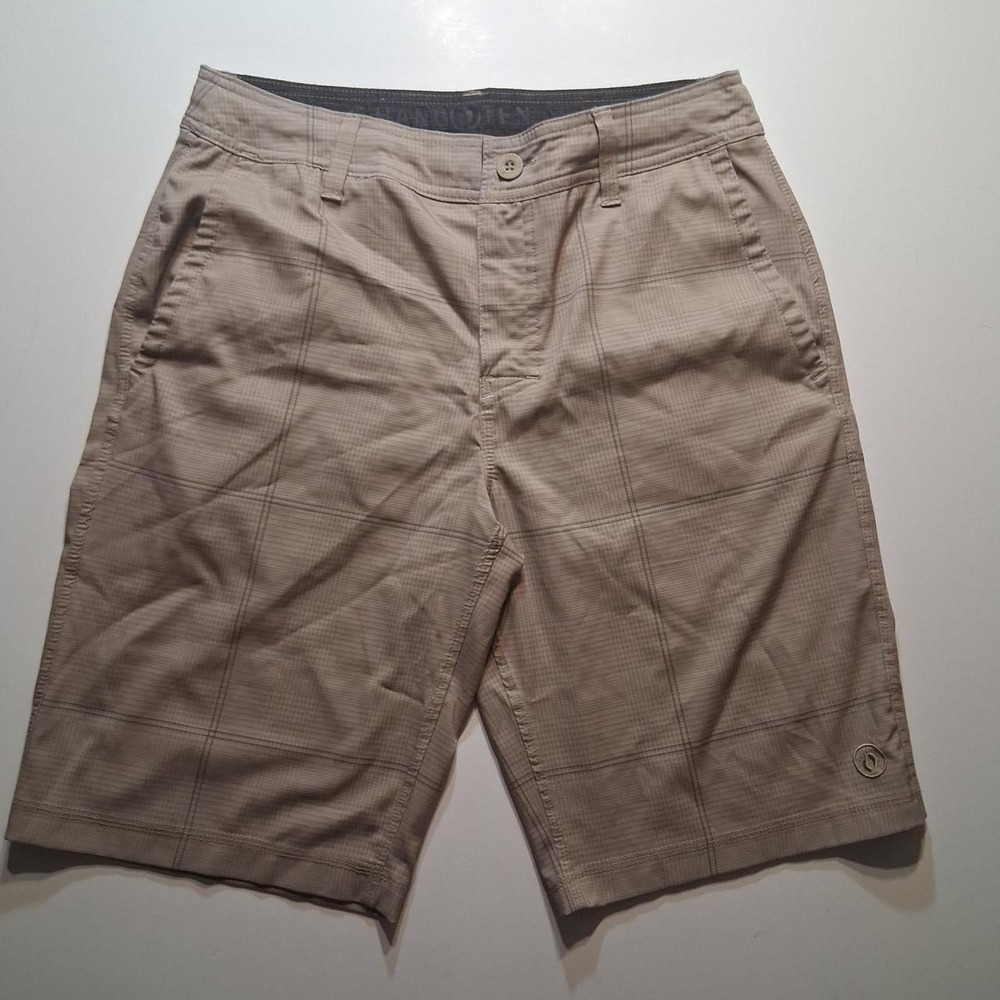 Mens Tan and brown checkered board shorts unlined surf wear